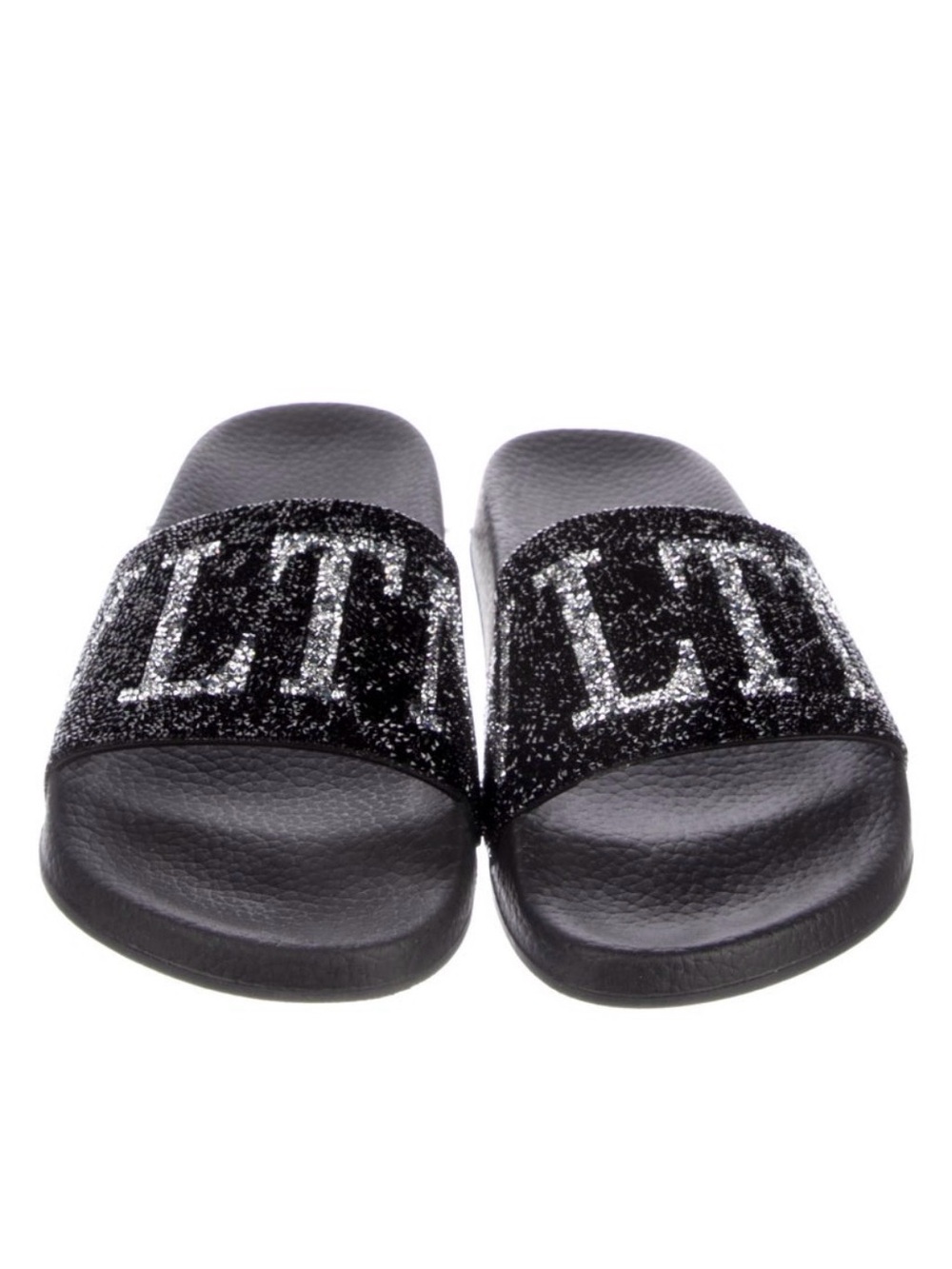 Valentino Garavani Black Glitter Logo Slide Sandals